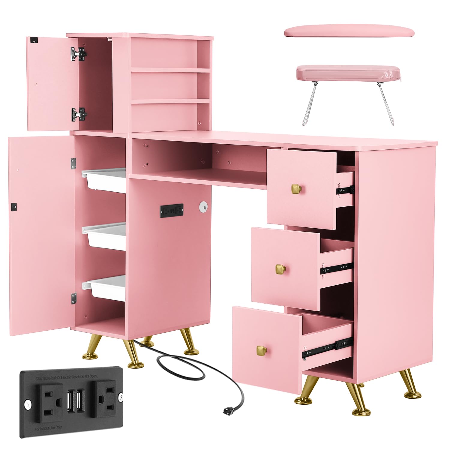 Beauty Makeup Desk - Pink Nail Table for Nail Tech,