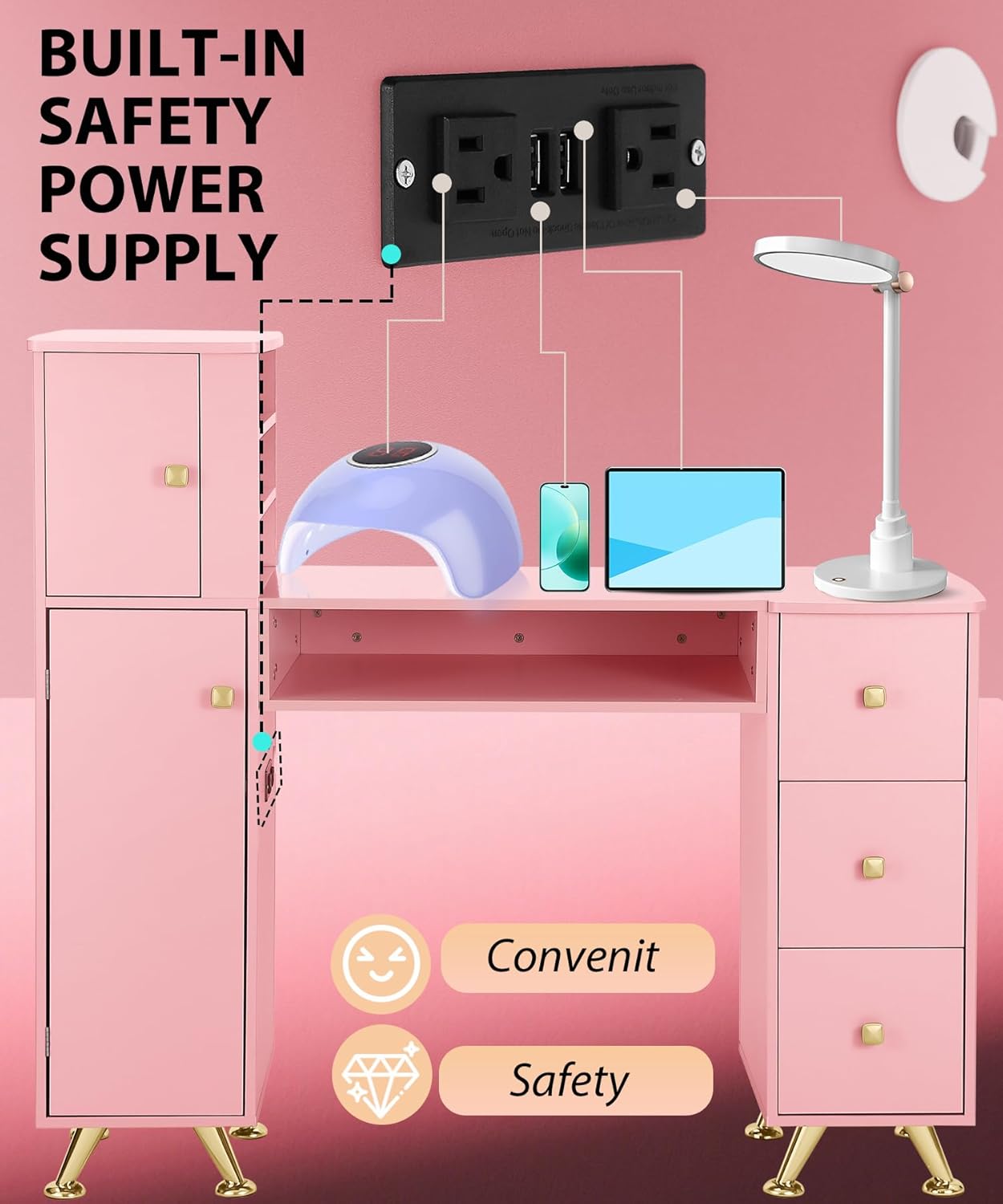 Pink Nail Table for Nail Tech, - Beauty Makeup Desk 评论和价格